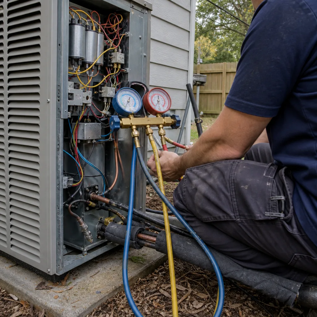 HVAC technician using pressure gauges to service an outdoor air conditioning unit