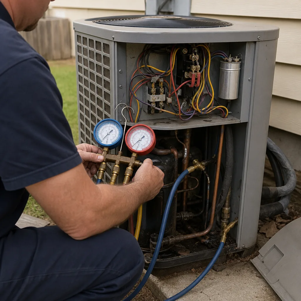HVAC technician using manifold gauges to service an outdoor AC unit