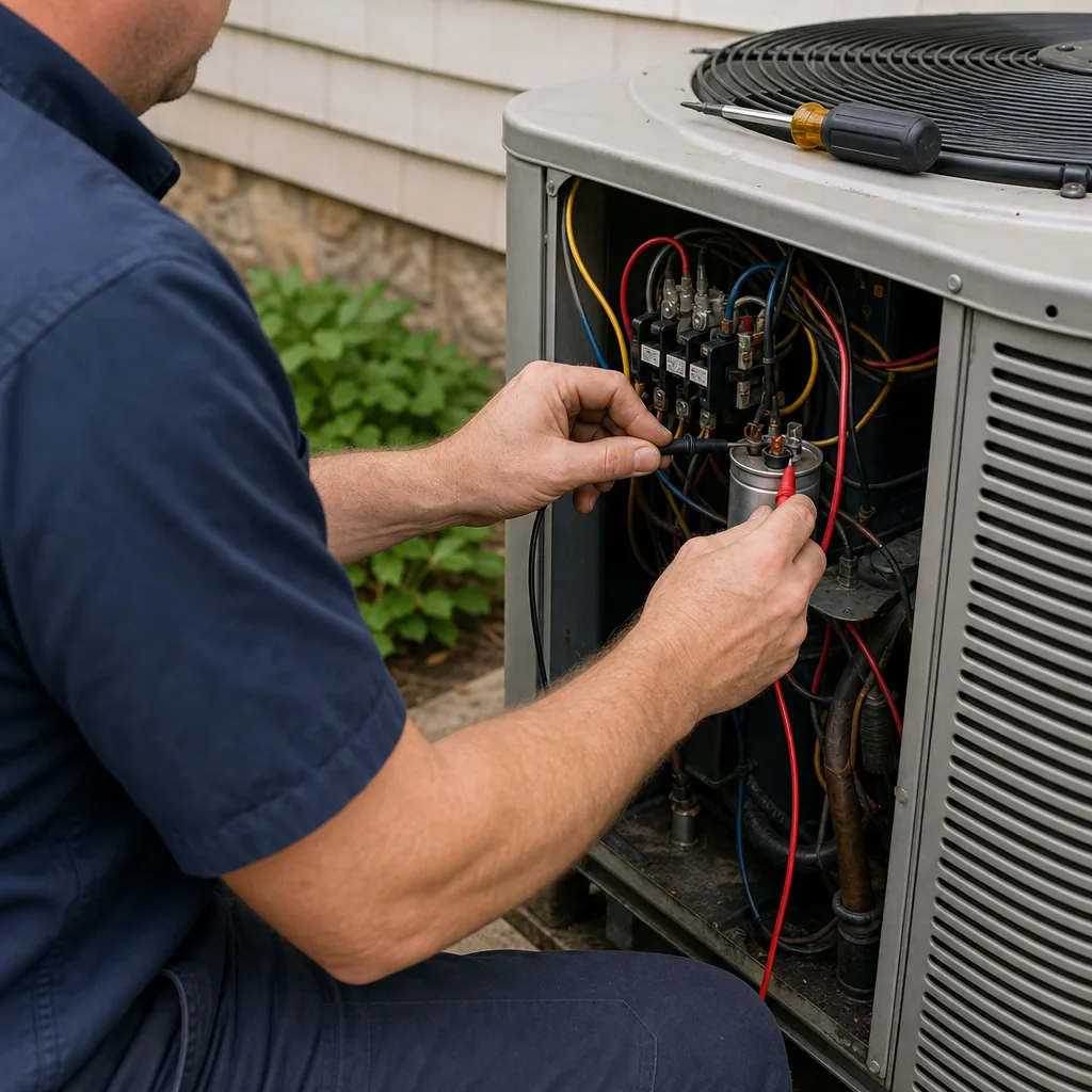 HVAC technician testing an air conditioner capacitor with a multimeter