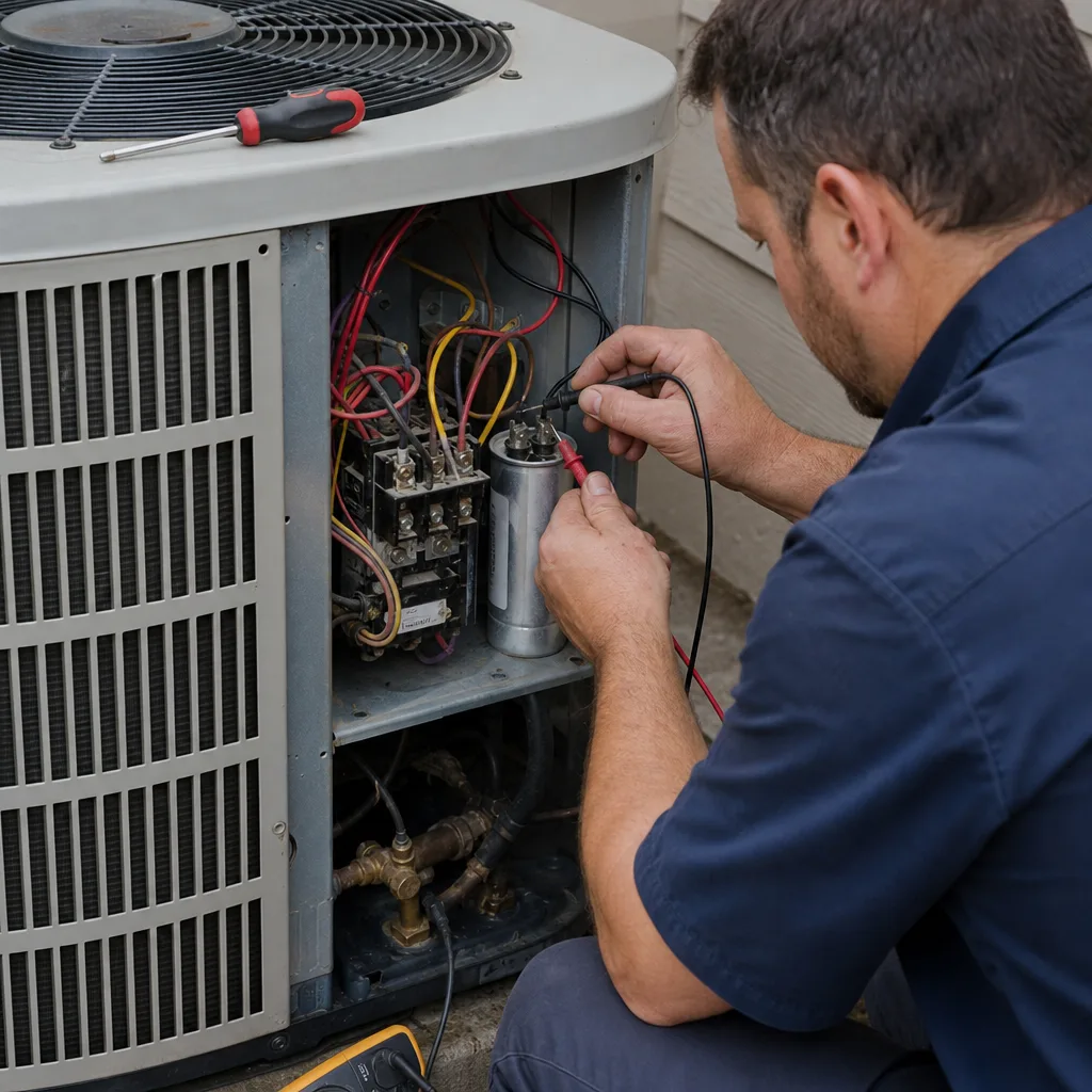HVAC technician testing an air conditioning capacitor with a multimeter