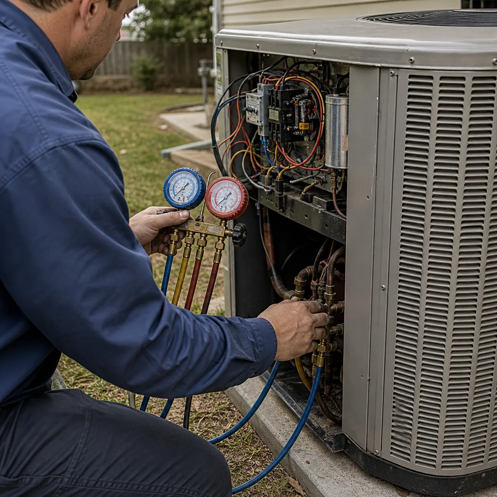 HVAC technician performing professional air conditioning system repair and maintenance