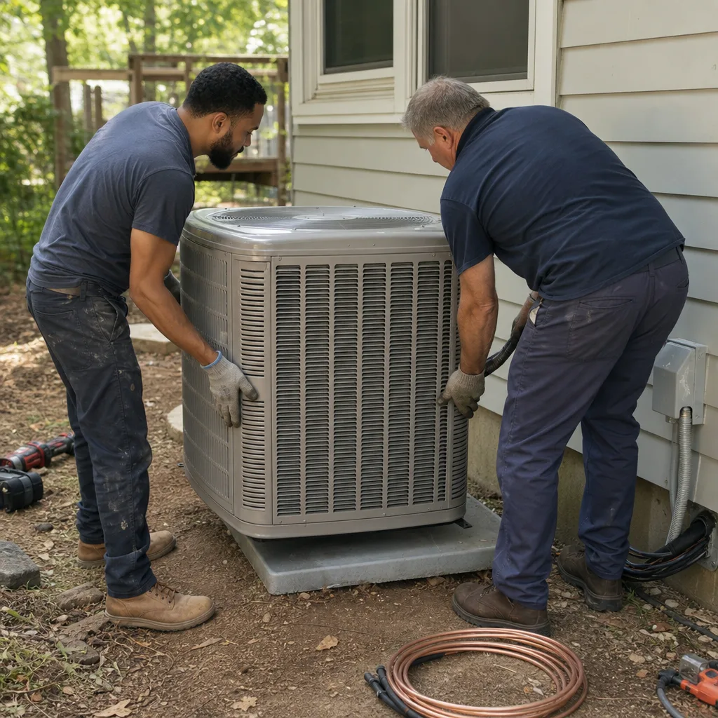 Two professional HVAC technicians installing an outdoor air conditioning unit