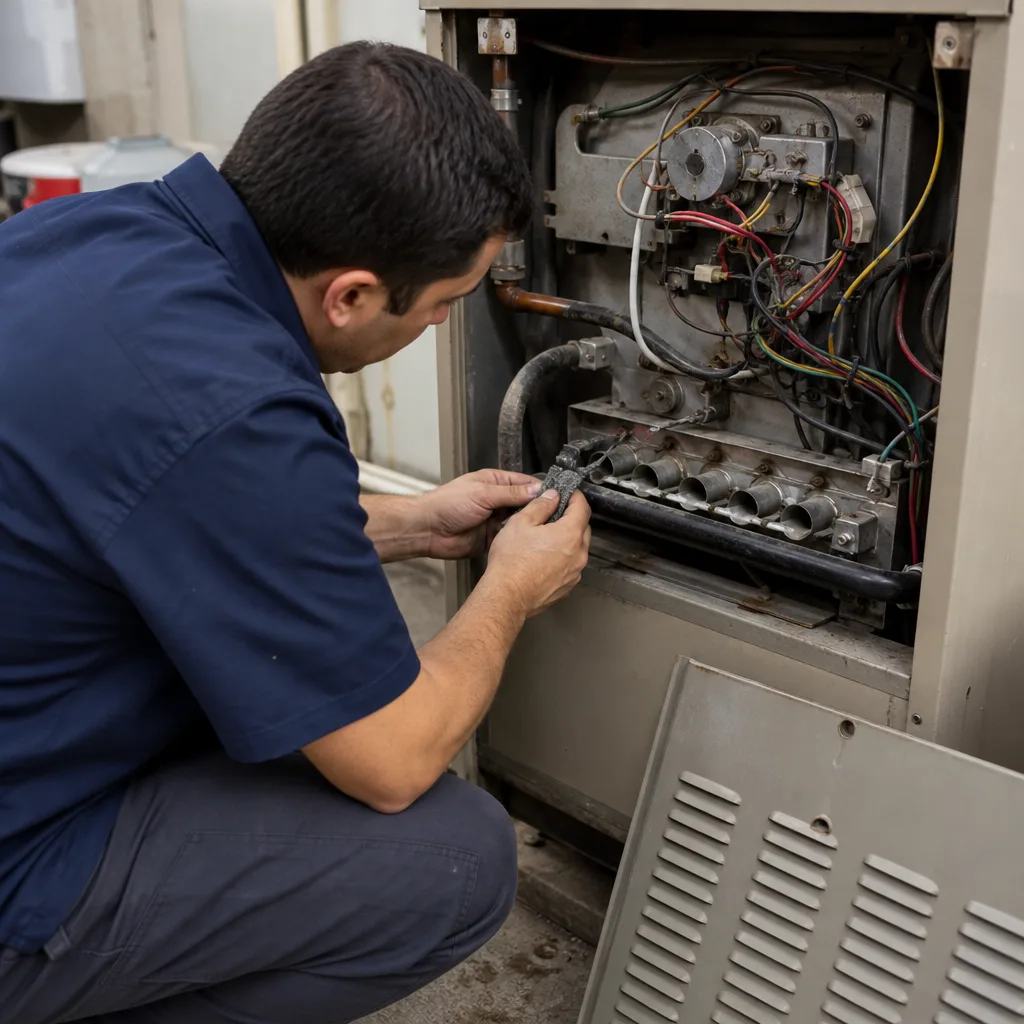 HVAC technician performing maintenance and repair on a residential furnace system