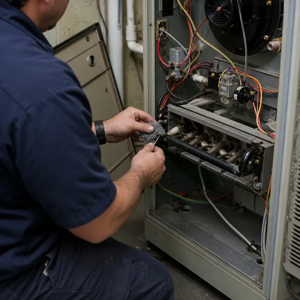 HVAC technician performing professional furnace maintenance and repair service