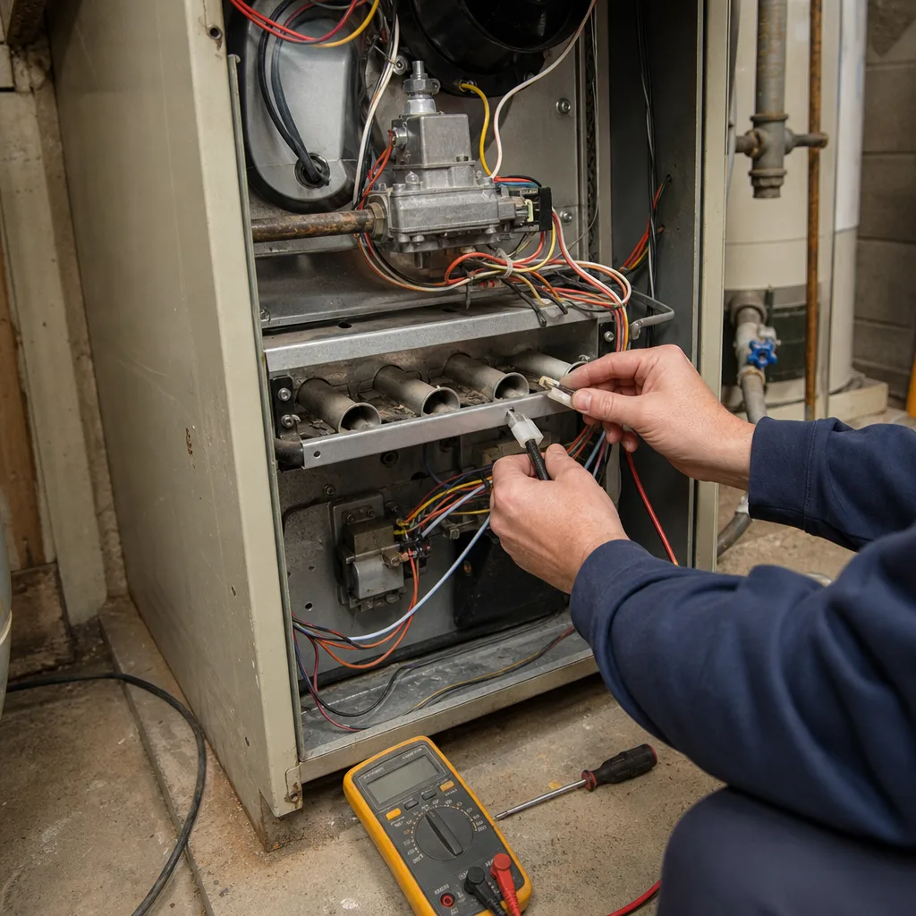 HVAC technician performing professional furnace repair and electrical maintenance